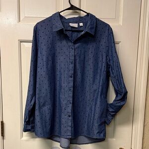 Joan Rivers Chambray denim Shirt with Polka Dot Flocking size XL blue color EUC